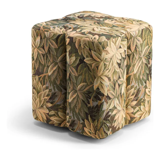 Pouf Fiori en tissu tapisserie feuillage vert | Blanc