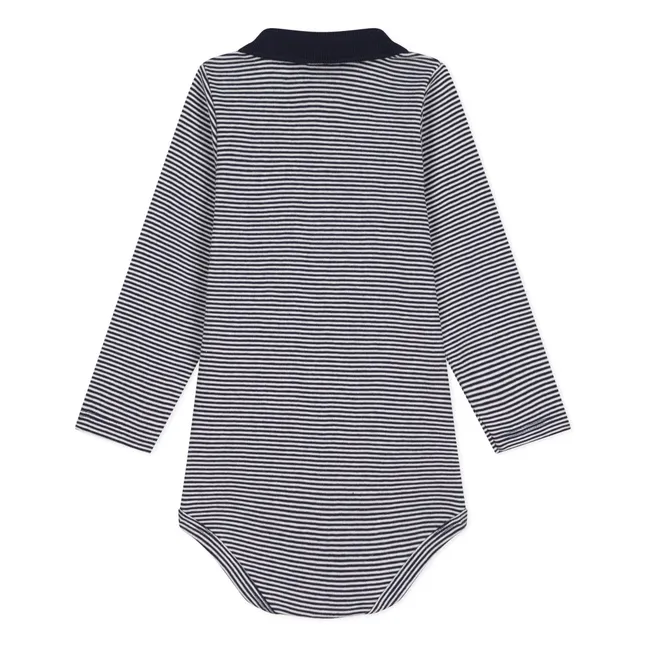 Striped organic cotton polo bodysuit | Navy blue