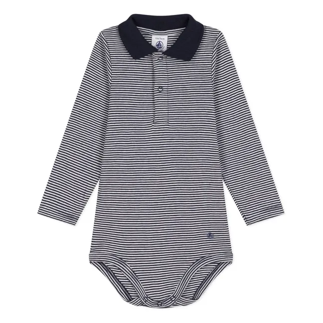 Striped organic cotton polo bodysuit | Navy blue