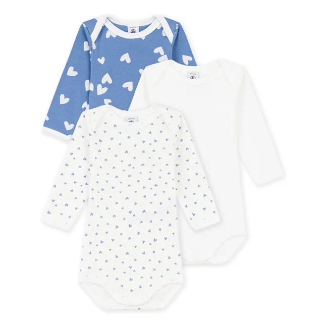 Set of 3 Organic Cotton Heart Bodies | Blue