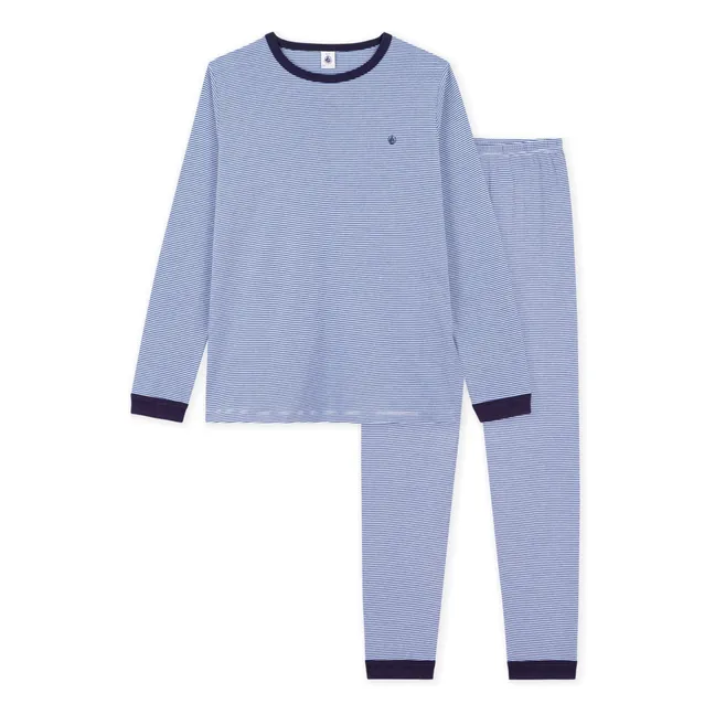 Pijama ajustado de rayas de algodón ecológico | Azul Marino