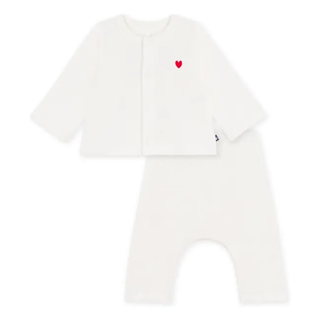 Organic Cotton Honeycomb Cardigan and Pants Set | White