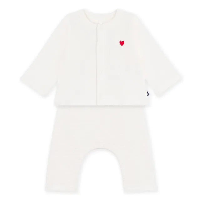 Ensemble Cardigan et Pantalon Nid d'Abeille Coton Bio | Blanc