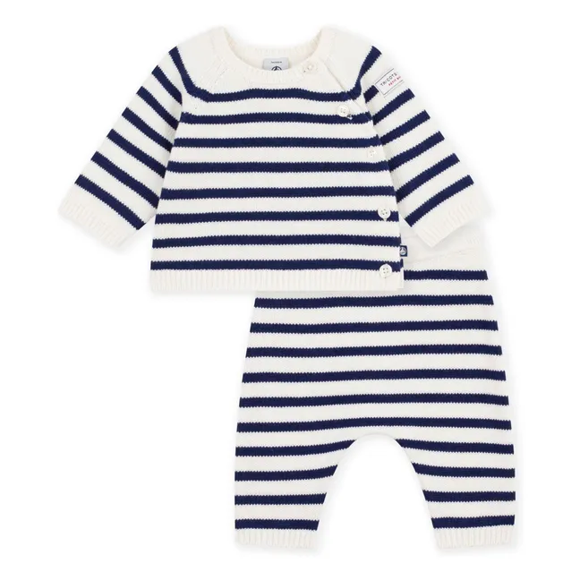 Wool Striped Cardigan and Trouser Set | White