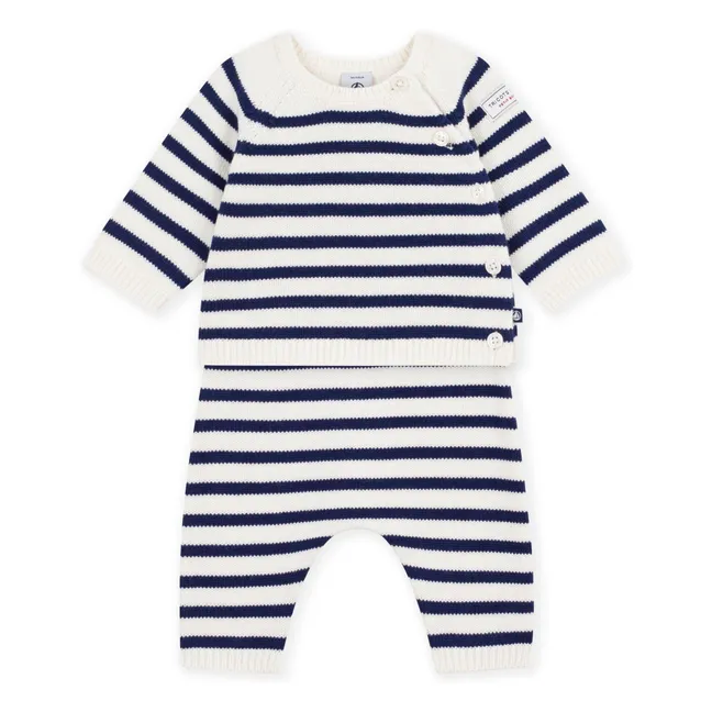 Wool Striped Cardigan and Trouser Set | White