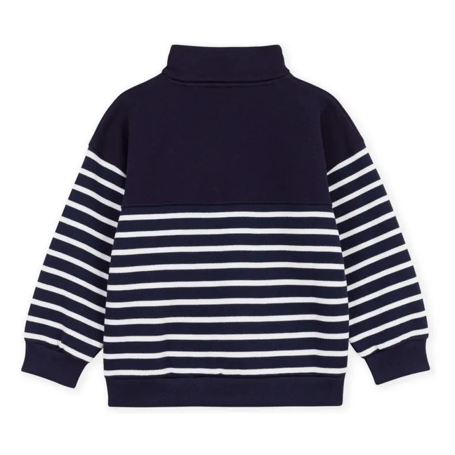 Sweat Col Camionneur Rayé Coton Bio | Bleu marine