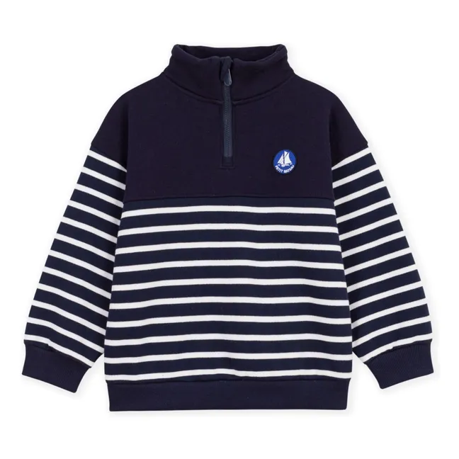 Sweat Col Camionneur Rayé Coton Bio | Bleu marine