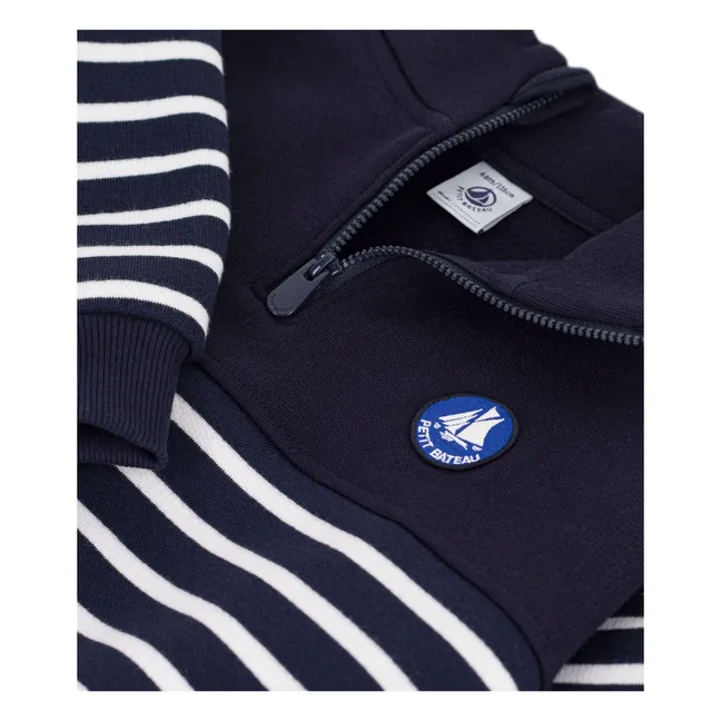 Sweat Col Camionneur Rayé Coton Bio | Bleu marine