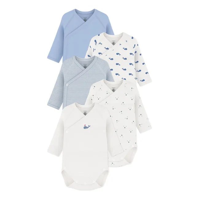 Lot de 5 Bodies Croisés Baleines Coton Bio | Bleu