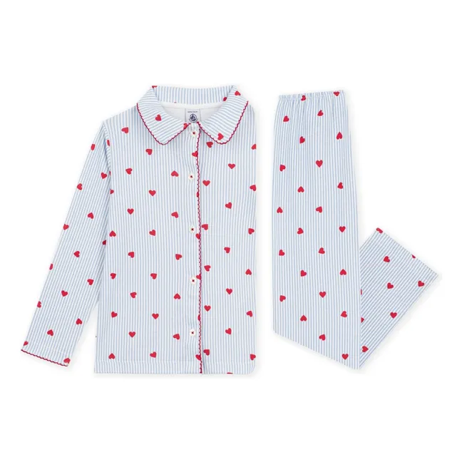 Pyjama Chemise Rayé Cœurs Coton Bio | Bleu