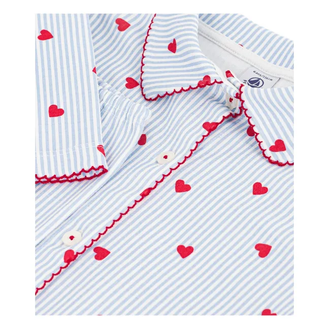Pyjama Chemise Rayé Cœurs Coton Bio | Bleu