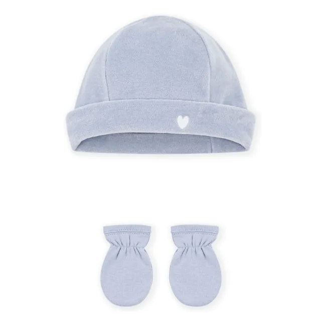 Organic cotton velour hat and mittens set | Grey blue