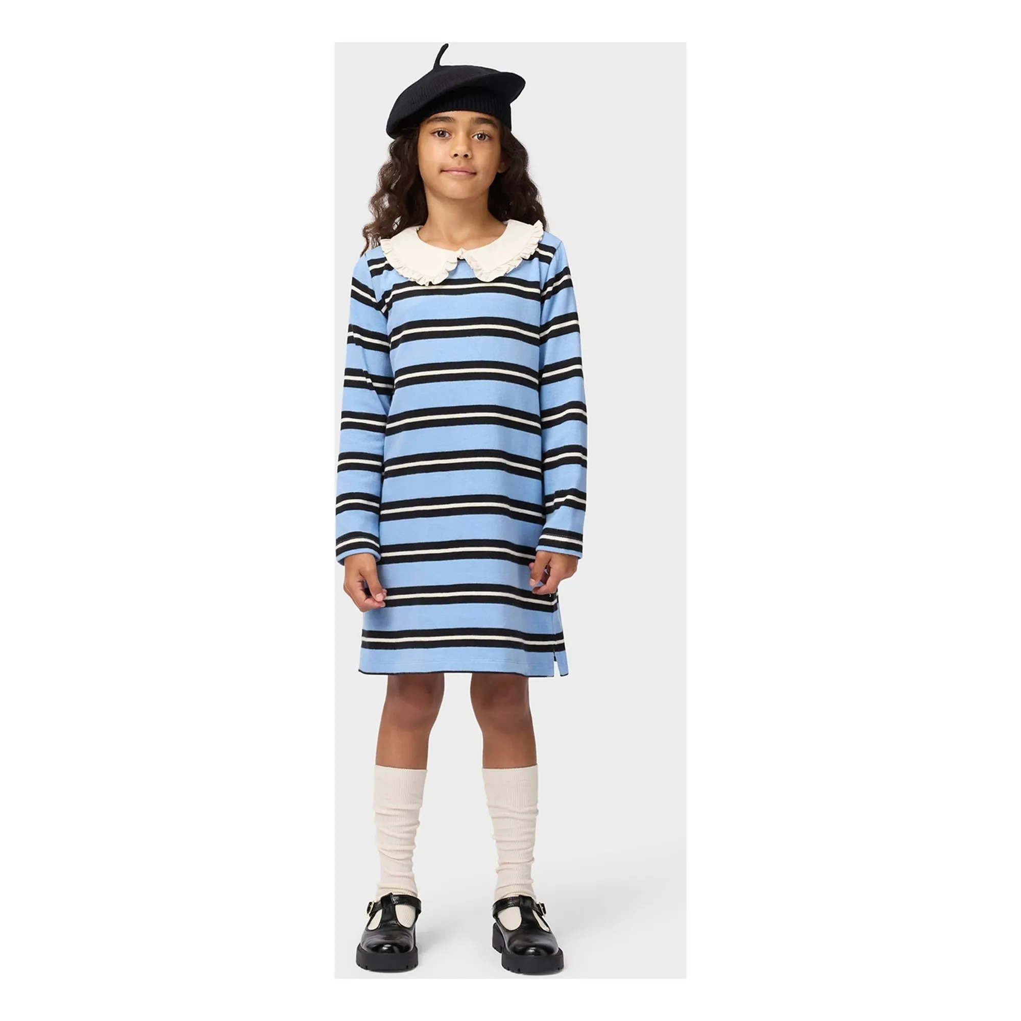 Robe Col Claudine Chilla Rayée Coton Bio | Bleu Clair- Image produit n°1