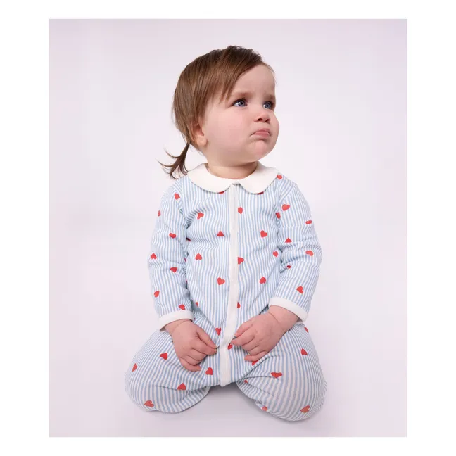 Pyjama Rayé Cœurs Coton Bio | Bleu