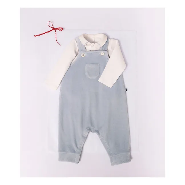 Organic cotton velvet overalls and bodysuit set | Grey blue