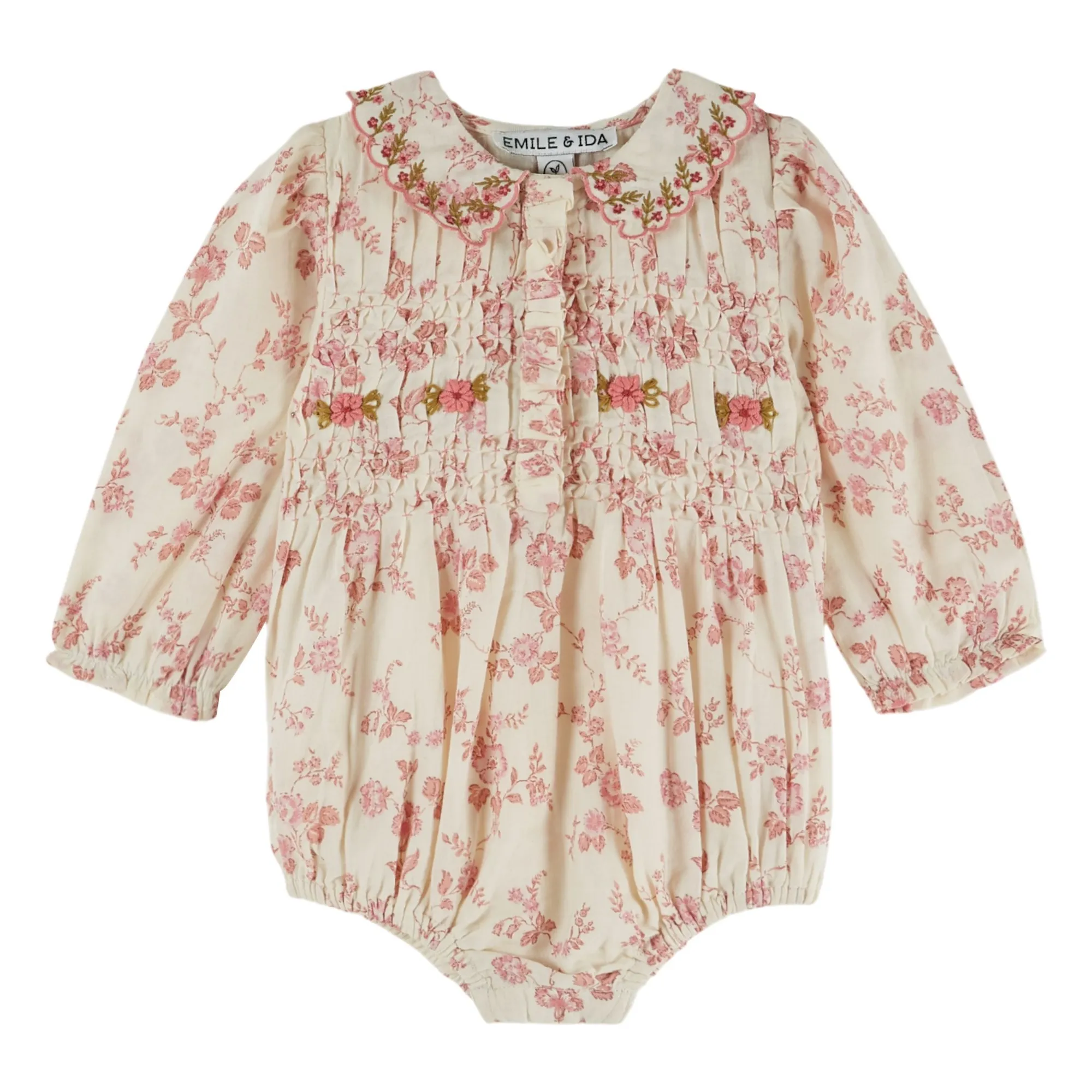 Emile Et Ida Ecru Smocked Organic Cotton Floral Romper