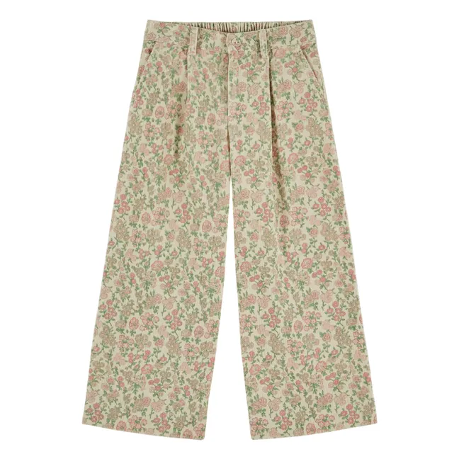 Pantalon Large Fleuri Velours Côtelé | Beige
