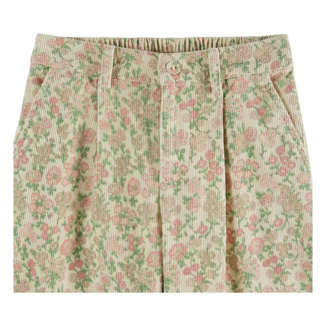 Pantalon Large Fleuri Velours Côtelé | Beige