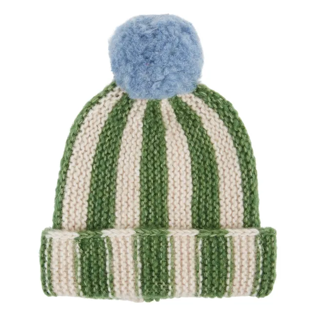 Striped Pompon Beanie Merino Wool | Olive