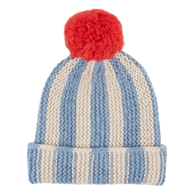 Striped Pompon Beanie Merino Wool | Blue