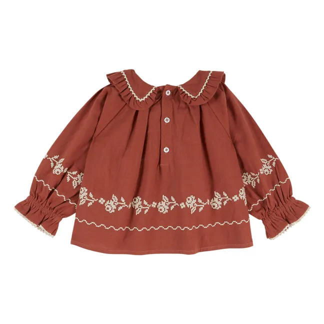 Blouse Brodée Fleurs Coton Bio | Brique