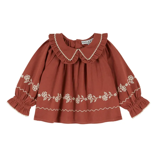 Blouse Brodée Fleurs Coton Bio | Brique