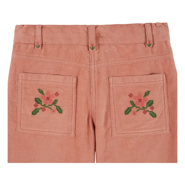 Pantalon Brodé Velours | Rose