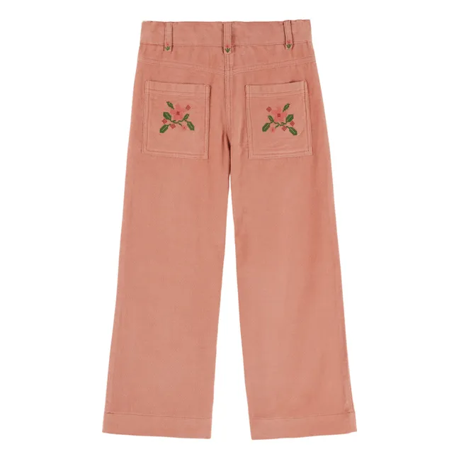 Pantalon Brodé Velours | Rose