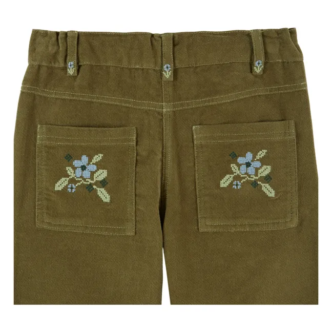 Pantalon Brodé Velours | Kaki