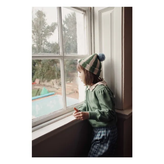 Striped Pompon Beanie Merino Wool | Olive