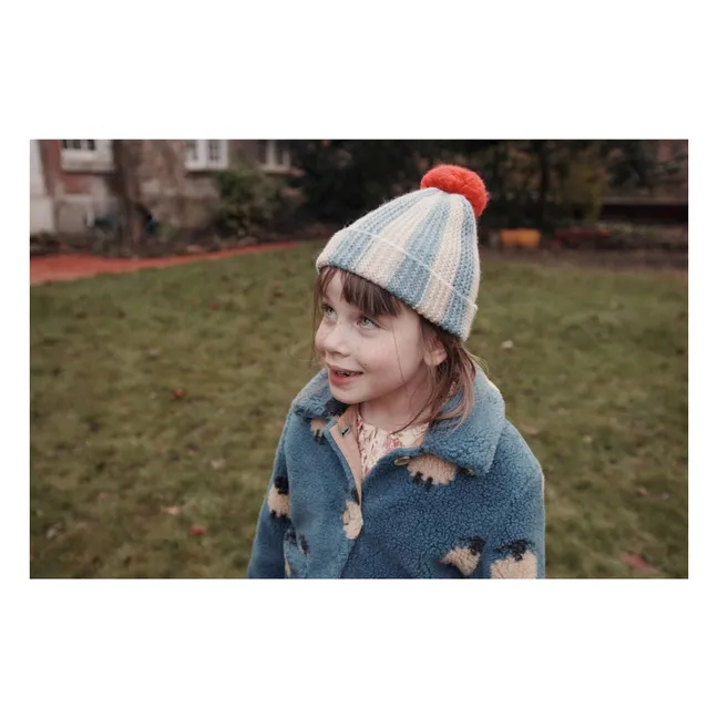 Striped Pompon Beanie Merino Wool | Blue