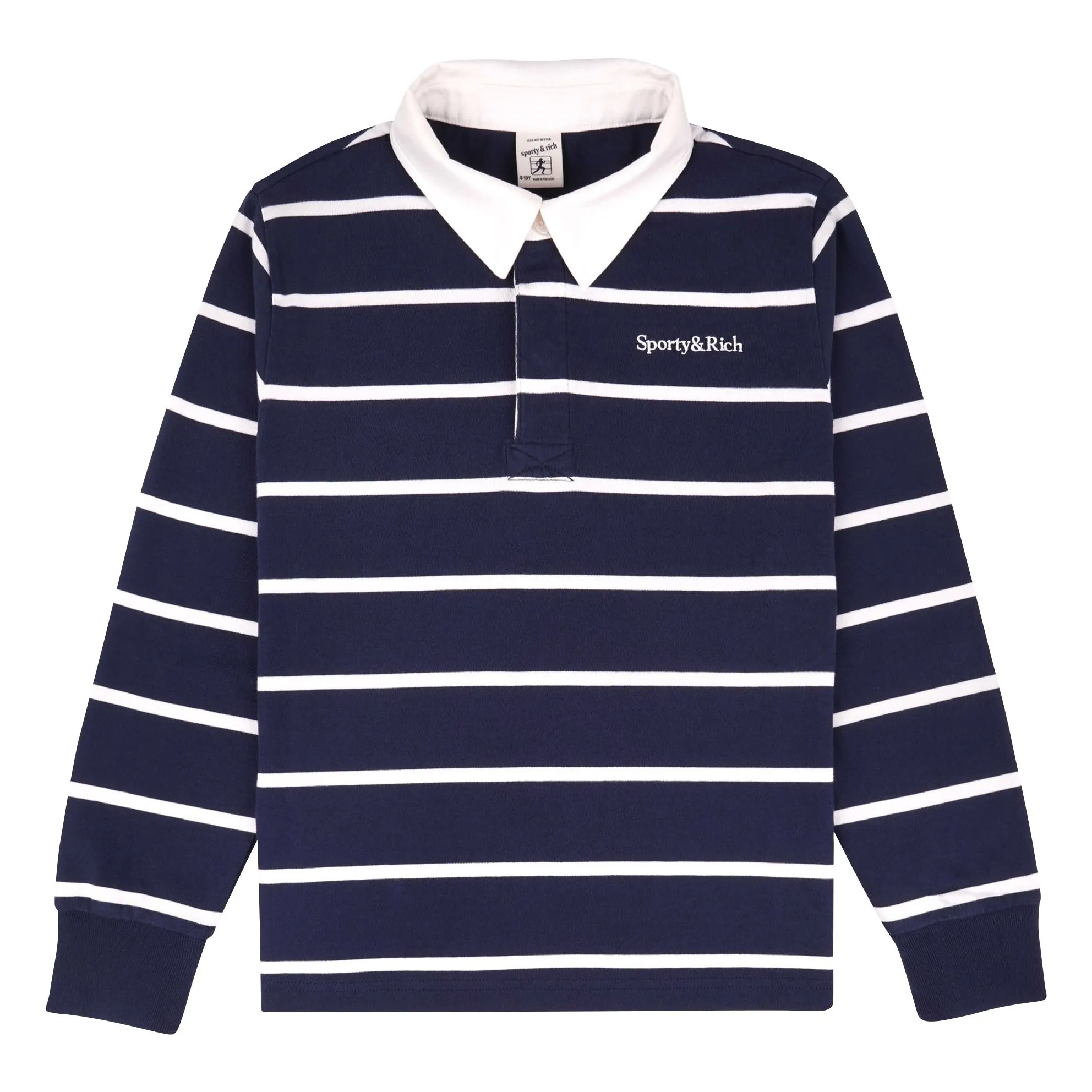 Sporty & Rich Navy Blue Rugby Polo Serif Logo Stripe