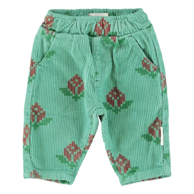 Pantalon Fleuri Velours Côtelé Coton Bio | Vert
