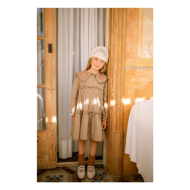 Robe Col Claudine Brodé Viola Carreaux | Brun kaki