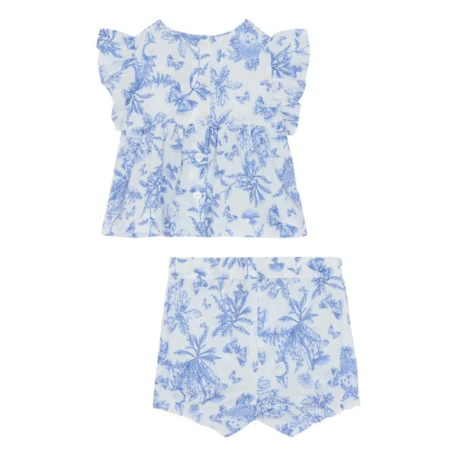 Floral Top and Shorts Set - Inspired by Toile de Jouy | Electric blue