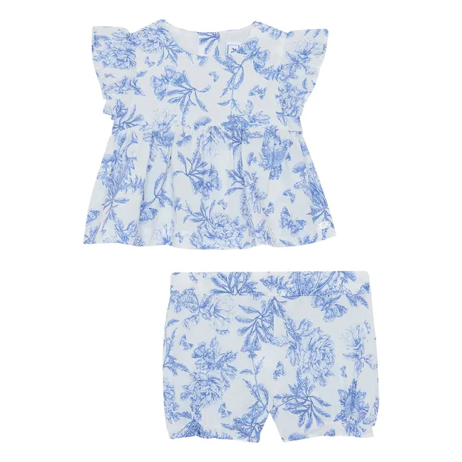 Floral Top and Shorts Set - Inspired by Toile de Jouy | Electric blue