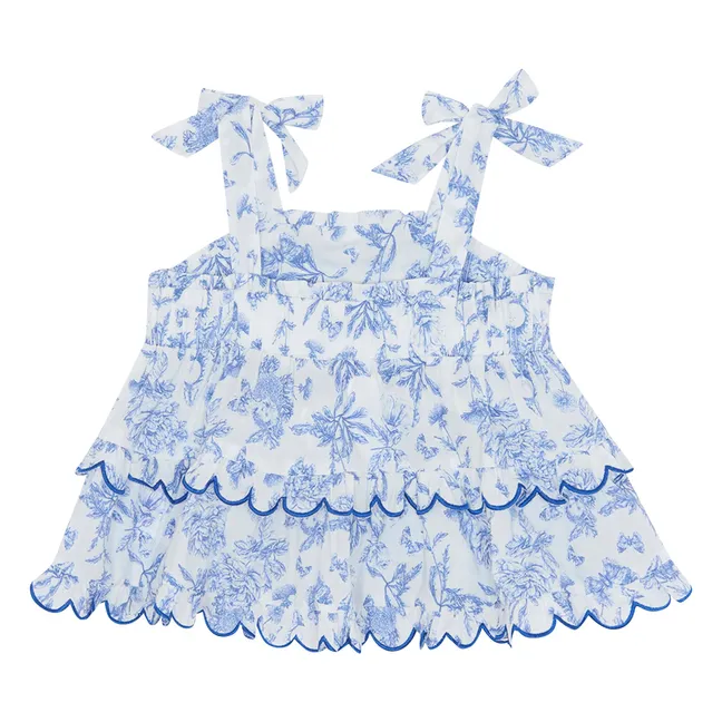 Ensemble Top et Short Feston Fleuri - Inspiration Toile de Jouy | Bleu électrique