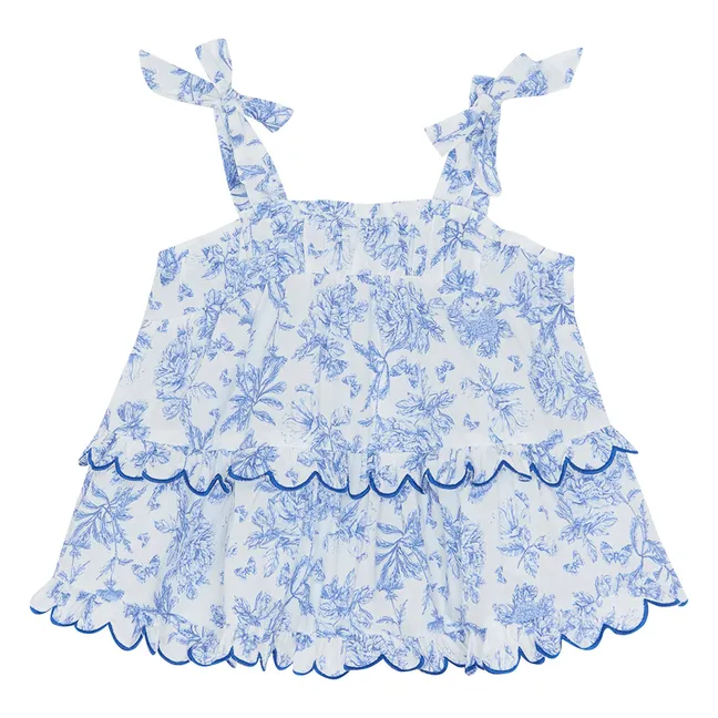 Ensemble Top et Short Feston Fleuri - Inspiration Toile de Jouy | Bleu électrique