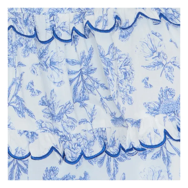 Conjunto de top y pantalones cortos con festones florales - Inspirado en el estampado «Toile de Jouy» | Azul eléctrico