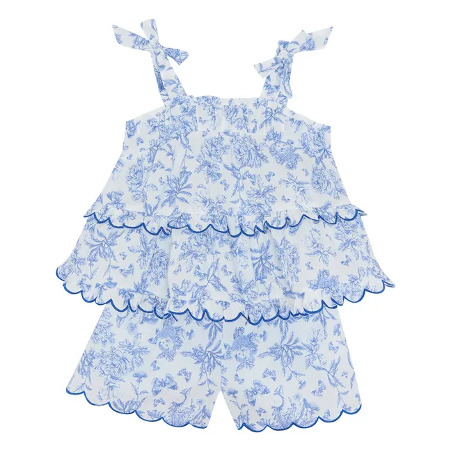 Ensemble Top et Short Feston Fleuri - Inspiration Toile de Jouy | Bleu électrique
