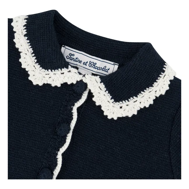 Cardigan Col Claudine Brodé Laine | Bleu nuit
