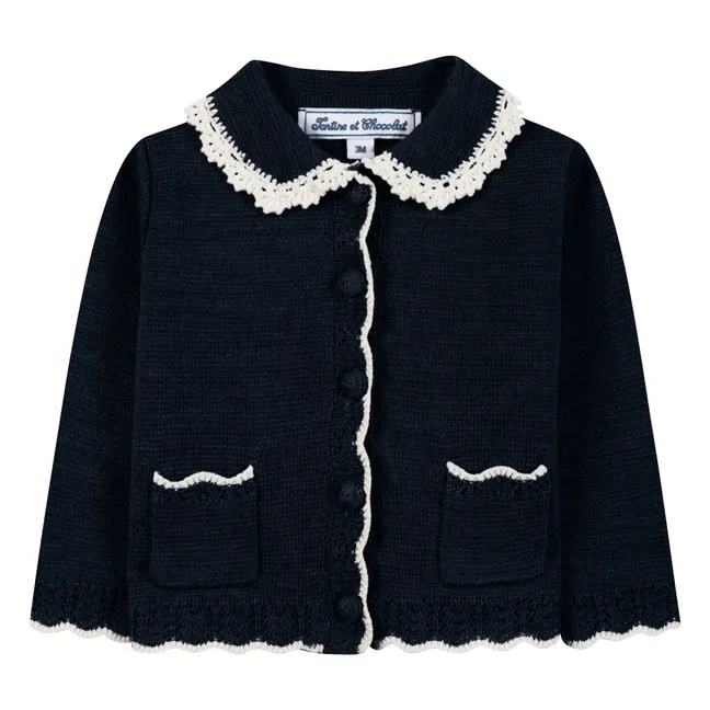 Cardigan Col Claudine Brodé Laine | Bleu nuit