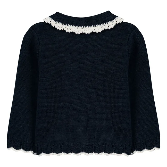 Cardigan Col Claudine Brodé Laine | Bleu nuit