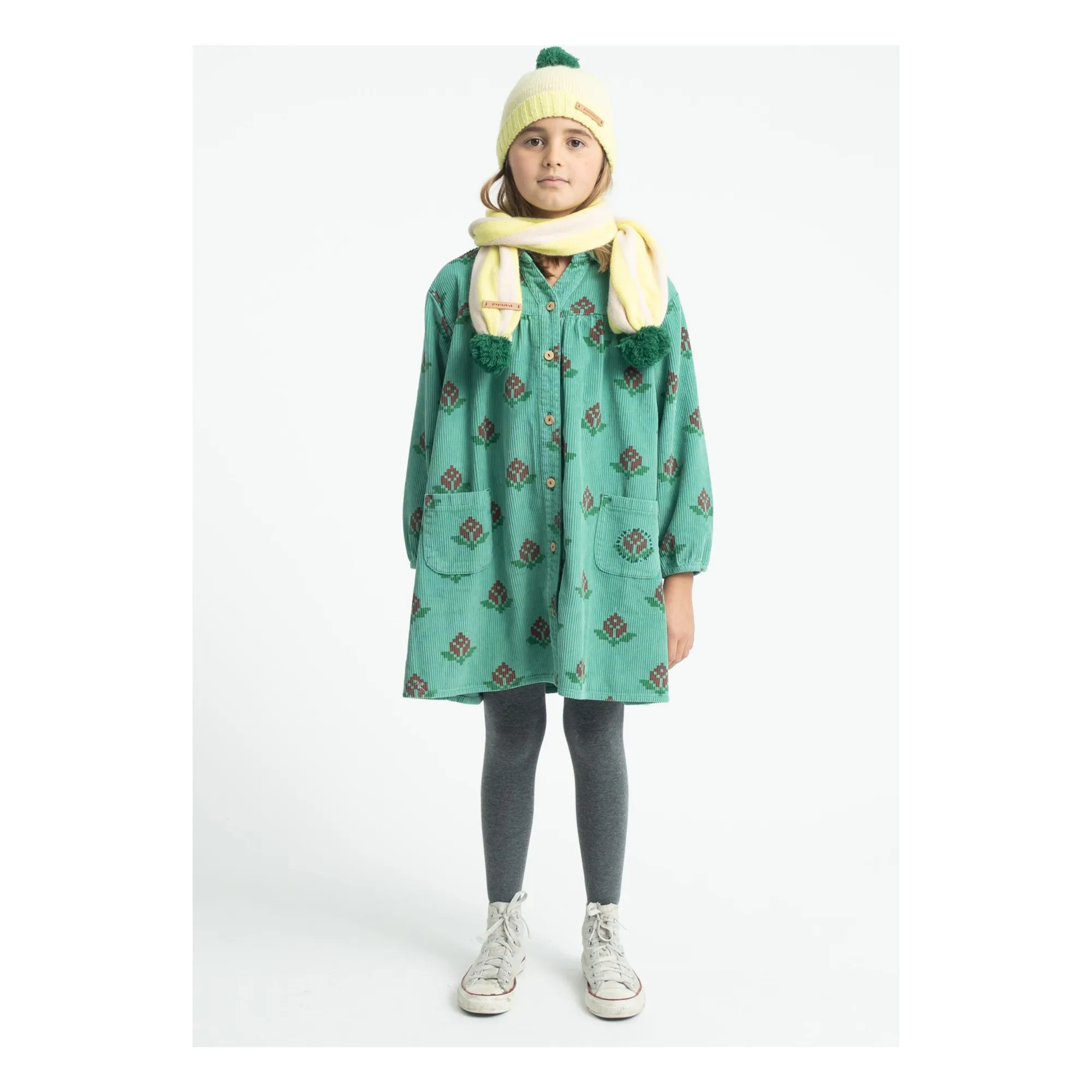 Robe Fleurie Velours Côtelé Coton Bio | Vert- Image produit n°1