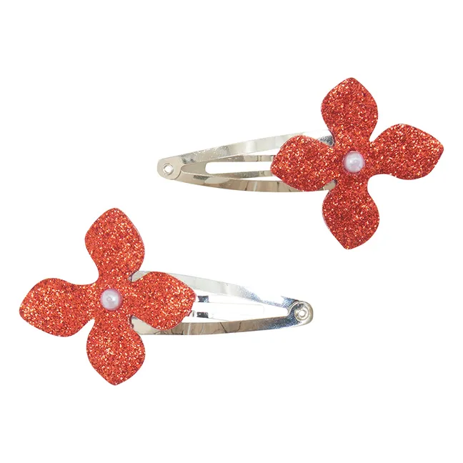 Lote de 2 clips Flor de purpurina | Rojo Cereza