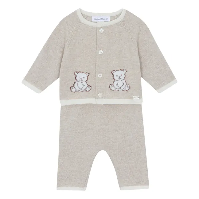 Ensemble Maille Cardigan et Pantalon Oursons | Beige chiné