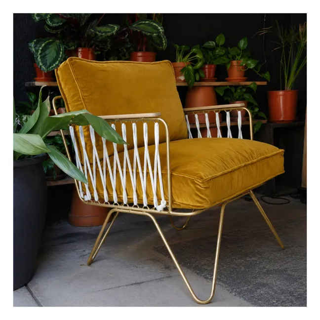 Fauteuil Croisette doré mat epoxy, velours | Camel