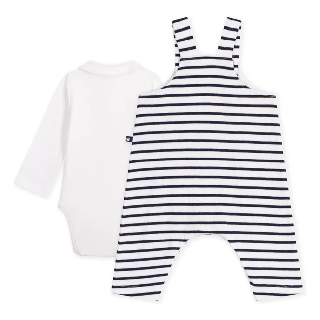 Organic cotton striped overalls and bodysuit set | White
