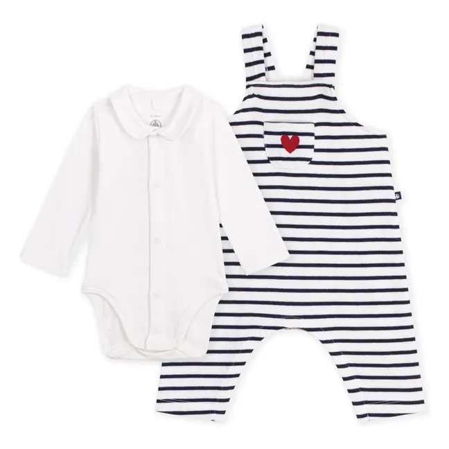 Organic cotton striped overalls and bodysuit set | White