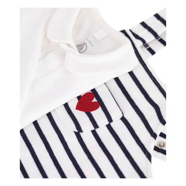 Organic cotton striped overalls and bodysuit set | White